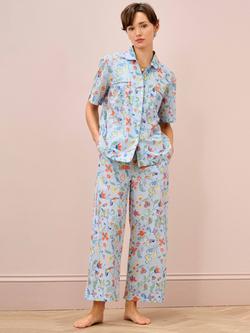 Brora Botanical Button Down Ankle Grazer Pyjama Set, Sky/White, Sky/White