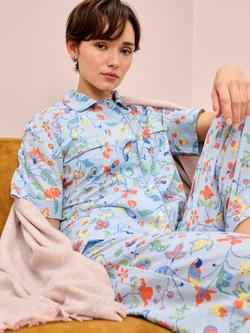 Brora Botanical Button Down Ankle Grazer Pyjama Set, Sky/White - view 2, Sky/White