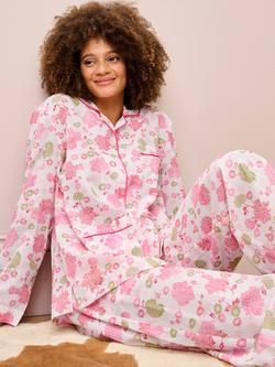 Brora Floral Button Down Long Pyjama Set, White/Rose - view 2, White/Rose