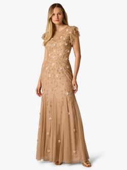 Adrianna Papell Floral Beaded Godet Maxi Dress, Taupe/Pink, Taupe/Pink
