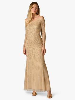 Adrianna Papell Beaded Off Shoulder Maxi Dress, Champagne, Champagne