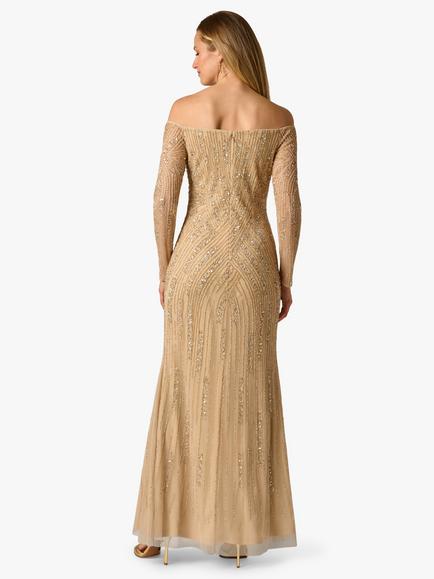 Adrianna Papell Beaded Off Shoulder Maxi Dress, Champagne - view 2, Champagne