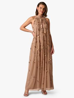 Adrianna Papell Beaded Flowers Trapeze Dress, Mocha, Mocha