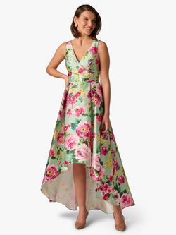 Adrianna Papell Floral High Low Twill Dress, Green/Pink/Multi, Green/Pink/Multi