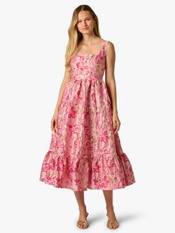 Adrianna Papell Jacquard Flounce Midi Dress, Pink/Multi, Pink/Multi