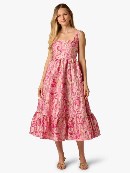 Adrianna Papell Jacquard Flounce Midi Dress, Pink/Multi, Pink/Multi