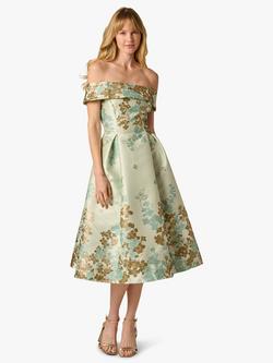 Adrianna Papell Petite Off Shoulder Floral Jacqaurd Dress, Sage/Gold, Sage/Gold