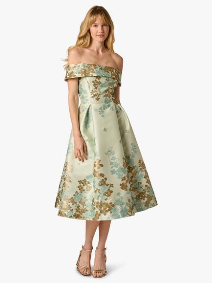 Adrianna Papell Petite Off Shoulder Floral Jacqaurd Dress, Sage/Gold, Sage/Gold