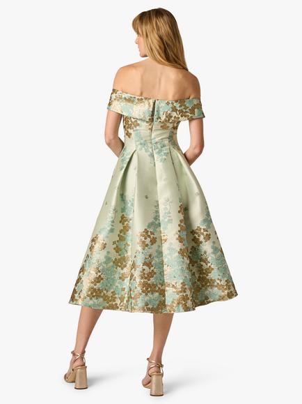Adrianna Papell Petite Off Shoulder Floral Jacqaurd Dress, Sage/Gold - view 2, Sage/Gold