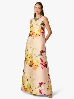 Adrianna Papell Floral Graphic Mikado Maxi Dress, Gold/Multi, Gold/Multi