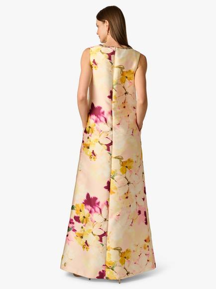 Aidan Mattox by Adrianna Papell Floral Graphic Mikado Maxi Dress, Gold/Multi - view 2, Gold/Multi