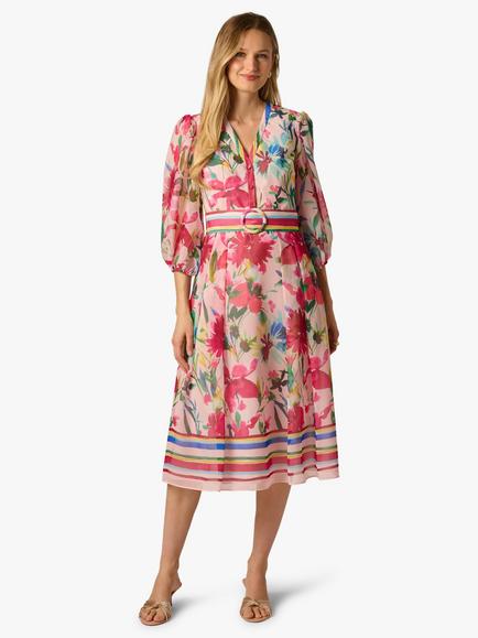 Adrianna Papell Petite Floral Stripe Organza Midi Dress, Multi, Multi