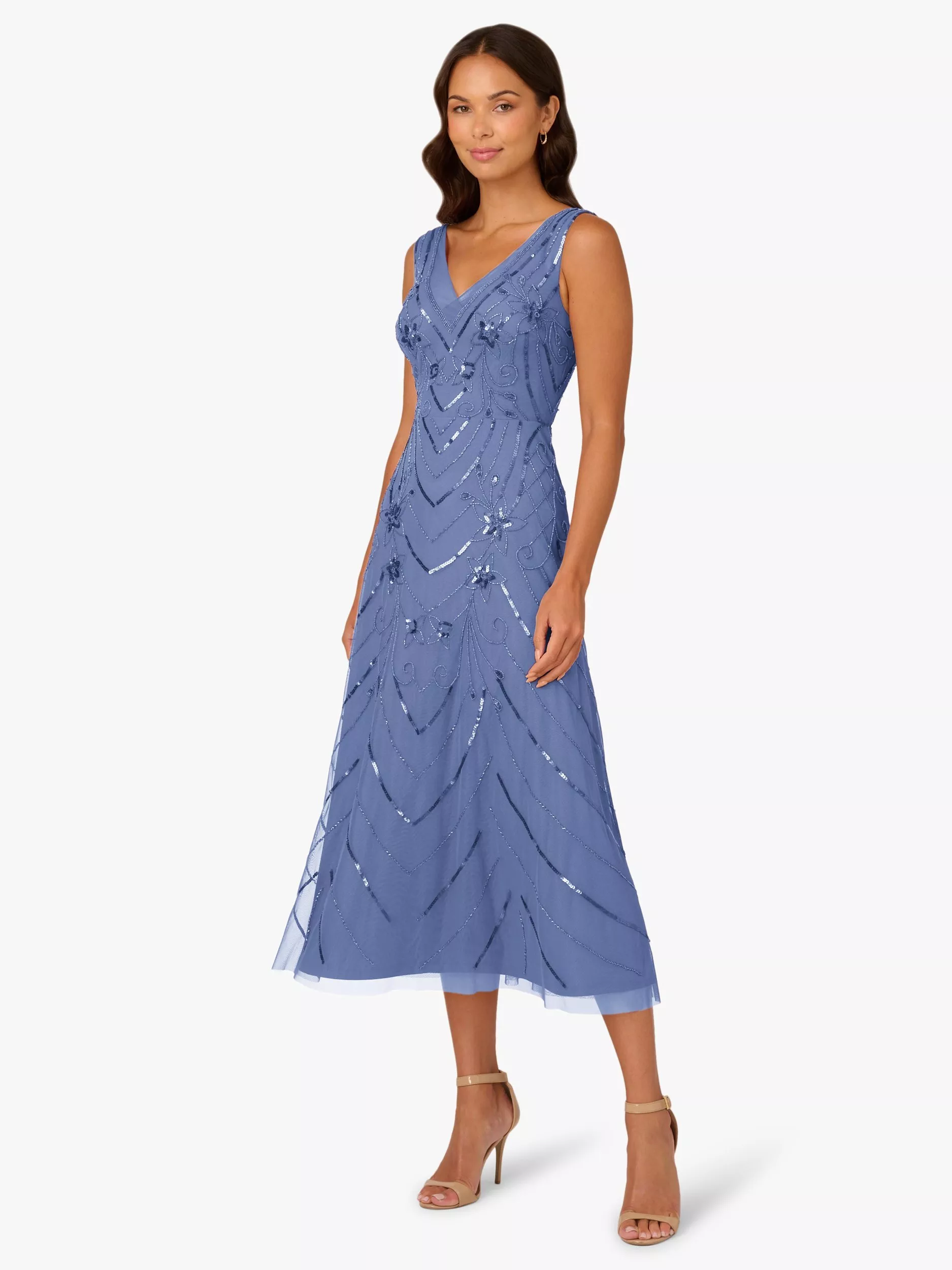 hand-beaded ankle-length dress in french blue Adrianna Papell Petite Beaded Mesh Midi Dress, Blue RefinementColour:Black Size:14w 100% polyester.
