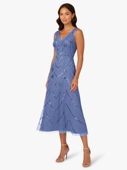 Adrianna Papell Petite Beaded Mesh Midi Dress, French Blue, French Blue