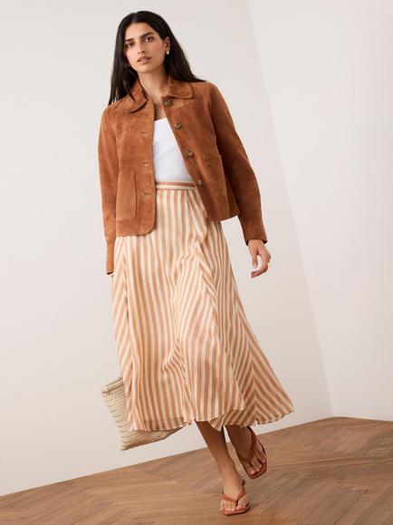 Mint Velvet A-Line Stripe Midi Skirt, Orange/Multi