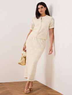 Mint Velvet Sequin Crochet Midi Skirt, Natural, Natural