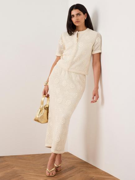 Mint Velvet Sequin Crochet Midi Skirt, Natural, Natural