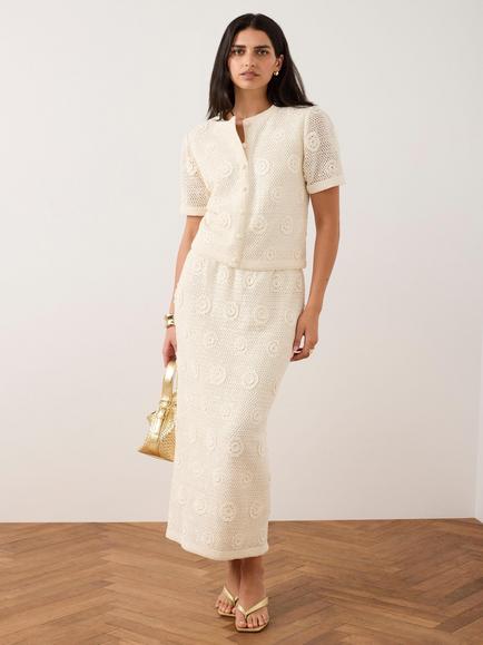 Mint Velvet Sequin Crochet Midi Skirt, Natural - view 2, Natural
