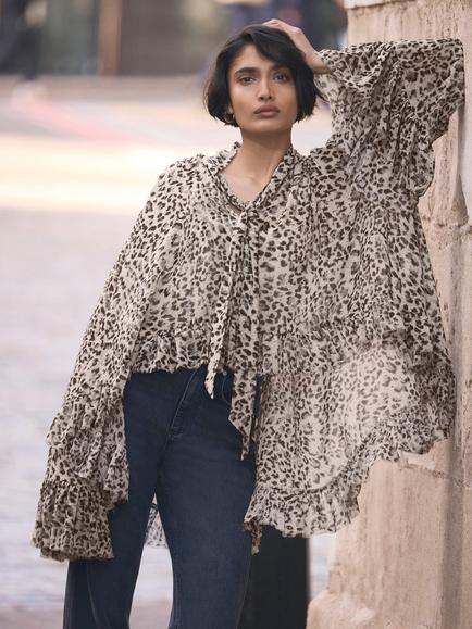 Mint Velvet Leopard Print Ruffle Blouse, Brown Camel - view 2, Brown Camel