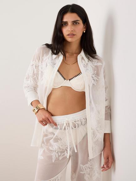Mint Velvet Embroidered Floral Mesh Shirt, White Ivory, White Ivory