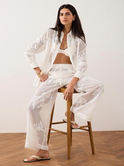 Mint Velvet Embroidered Floral Mesh Shirt, White Ivory - view 2, White Ivory