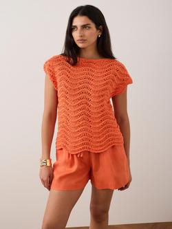 Mint Velvet Open Stitch Crochet Knit Top, Orange, Orange