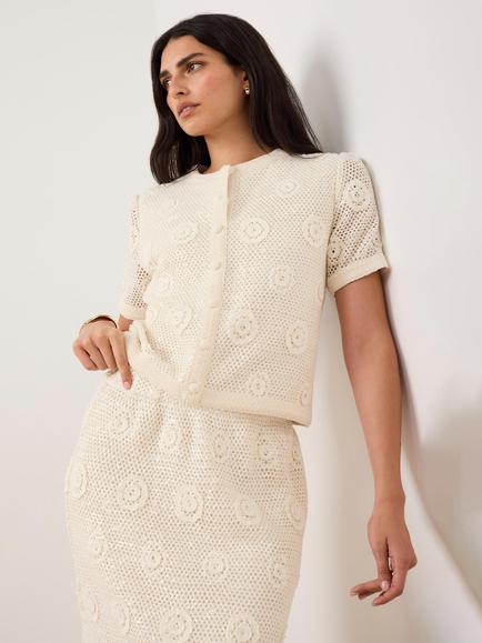 Mint Velvet Sequin Floral Crochet Top, Natural, Natural