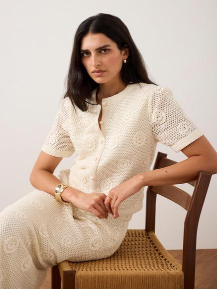 Mint Velvet Sequin Floral Crochet Top, Natural - view 2, Natural