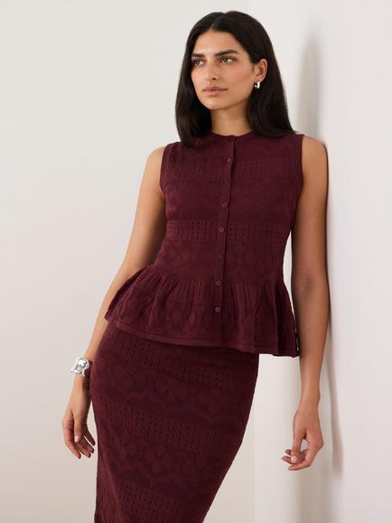 Mint Velvet Pointelle Knit Peplum Hem Top, Red Burgundy, Red Burgundy