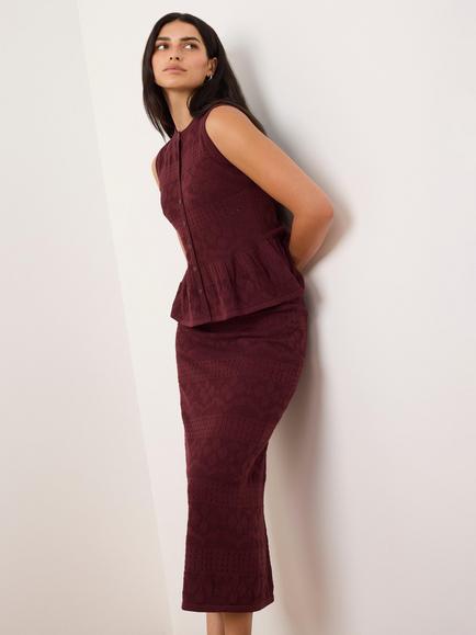 Mint Velvet Pointelle Knit Peplum Hem Top, Red Burgundy - view 2, Red Burgundy