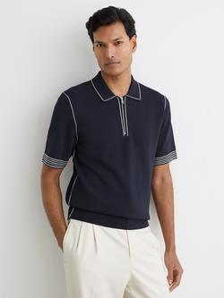 Reiss Mason Stitch Detail Short Sleeve Half Zip Polo Shirt, Navy, Navy