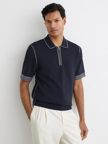 Reiss Mason Stitch Detail Short Sleeve Half Zip Polo Shirt, Navy, Navy