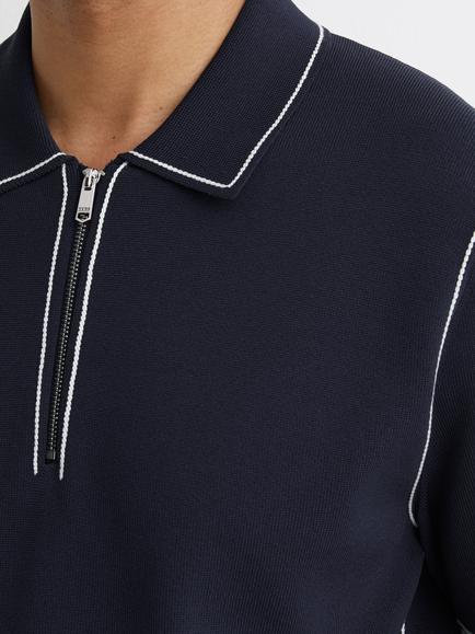 Reiss Mason Stitch Detail Short Sleeve Half Zip Polo Shirt, Navy - view 2, Navy