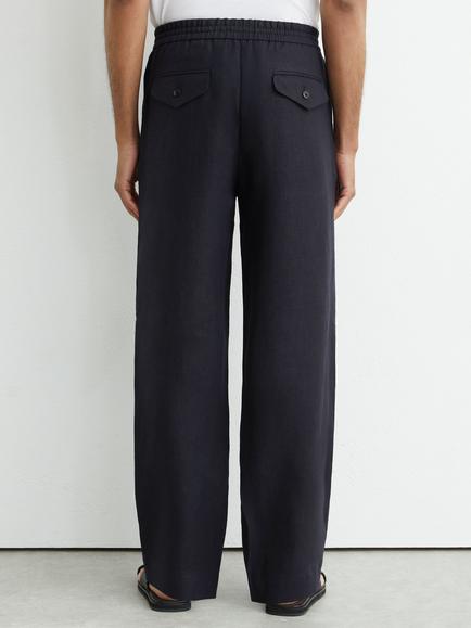 Reiss Barges Elasticated Drawstring Waist Linen Trousers, Navy - view 2, Navy