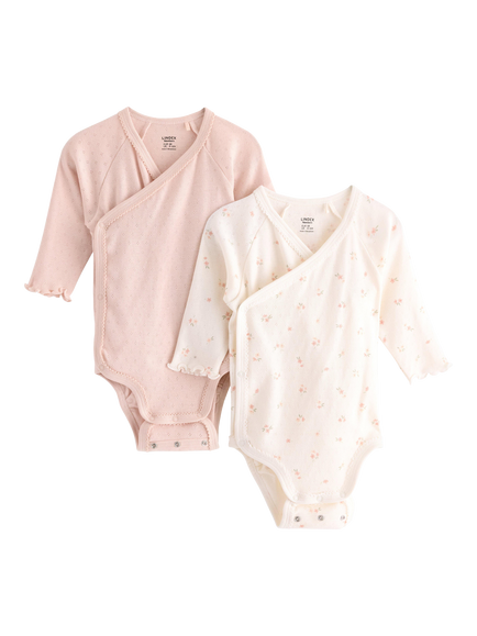 Lindex Baby Cotton Plain/Floral Wrap Long Sleeve Bodysuit, Pack of 2, Light Pink, Light Pink