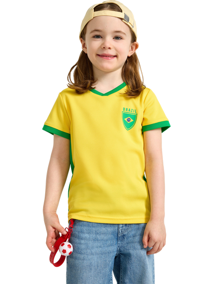 Lindex Kids' Brazil V-Neck T-Shirt, Green/Yellow, Green/Yellow