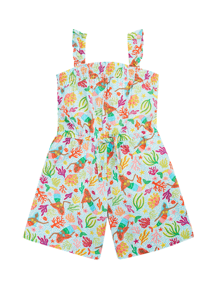 Frugi Kids' Laurel Short Playsuit, Mermaid Garden, Mermaid Garden