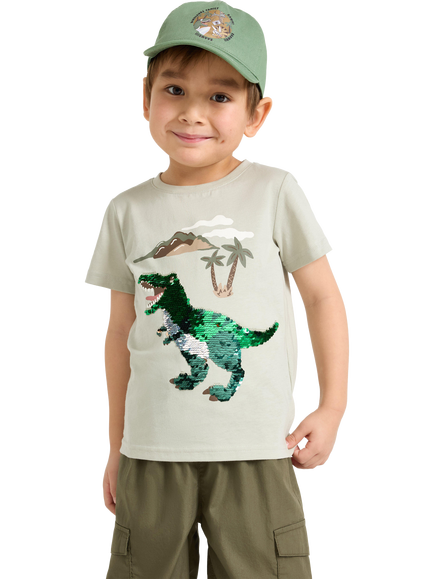 Lindex Kids' Cotton Sequin Dinosaur T-Shirt, Light Green/Multi, Light Green/Multi