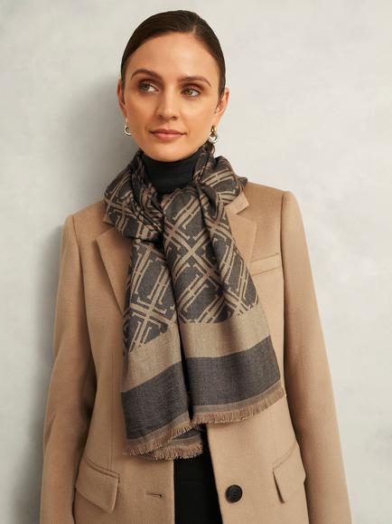 Hobbs Mora Insignia Print Scarf, Black/Camel - view 2, Black/Camel