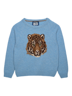 Trotters Kids' Wool Blend Round Neck Tiger Jumper, Pale Blue, Pale Blue