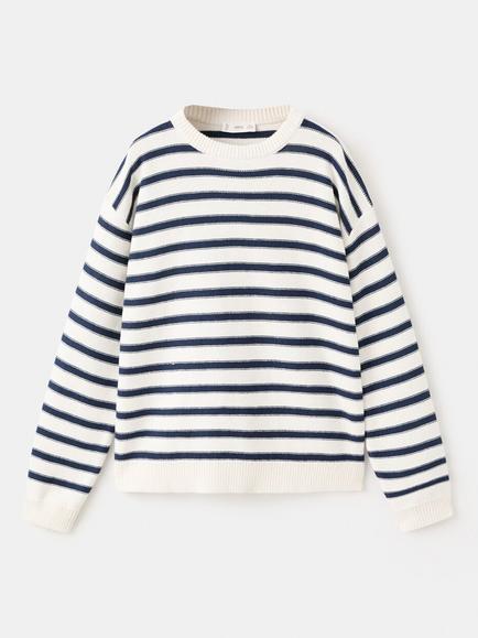 Mango Kids' Cotton Classic Stripe Crew Neck Jumper, Off White, Off White