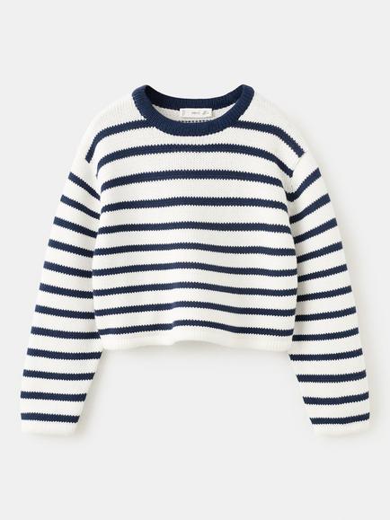 Mango Kids' Cotton Striped Cropped Jumper, Navy, Navy