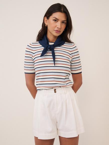 Nobody's Child Knitted Stripe Tie Neck T-Shirt, White, White