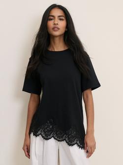 Nobody's Child Asymmetric Lace Hem T-Shirt, Black, Black