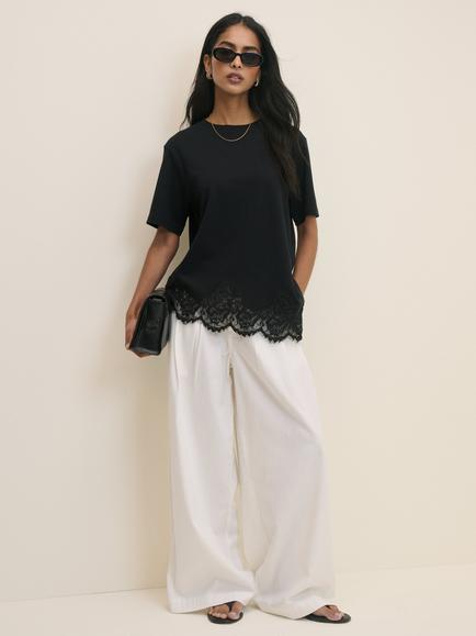Nobody's Child Asymmetric Lace Hem T-Shirt, Black - view 2, Black