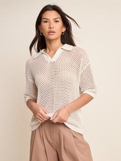 Nobody's Child Mesh Knit Open Polo Collar Top, Cream, Cream