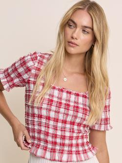 Nobody's Child Cocoa Tartan Check Ruffle Hem Top, Red - view 2, Red
