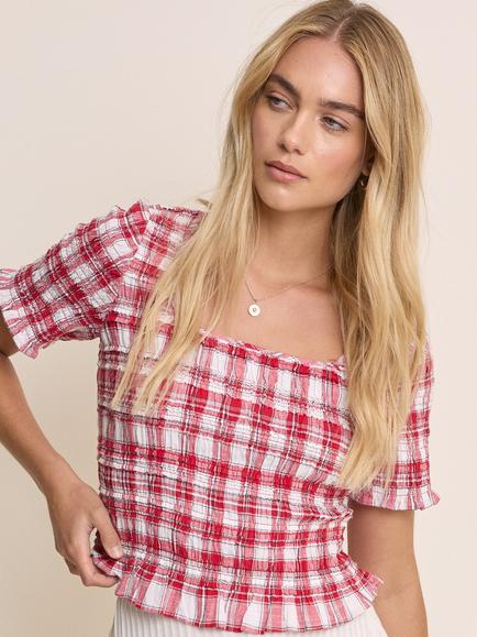 Nobody's Child Cocoa Tartan Check Ruffle Hem Top, Red - view 2, Red