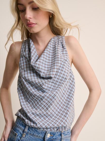 Nobody's Child Bonbon Check Cotton Sleeveless Cowl Neck Top, Cream, Cream