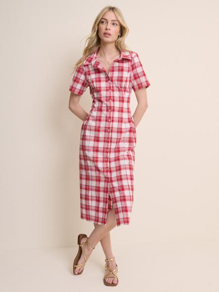 Nobody's Child Alexandria Check Cotton Column Midi Shirt Dress, Red/White, Red/White